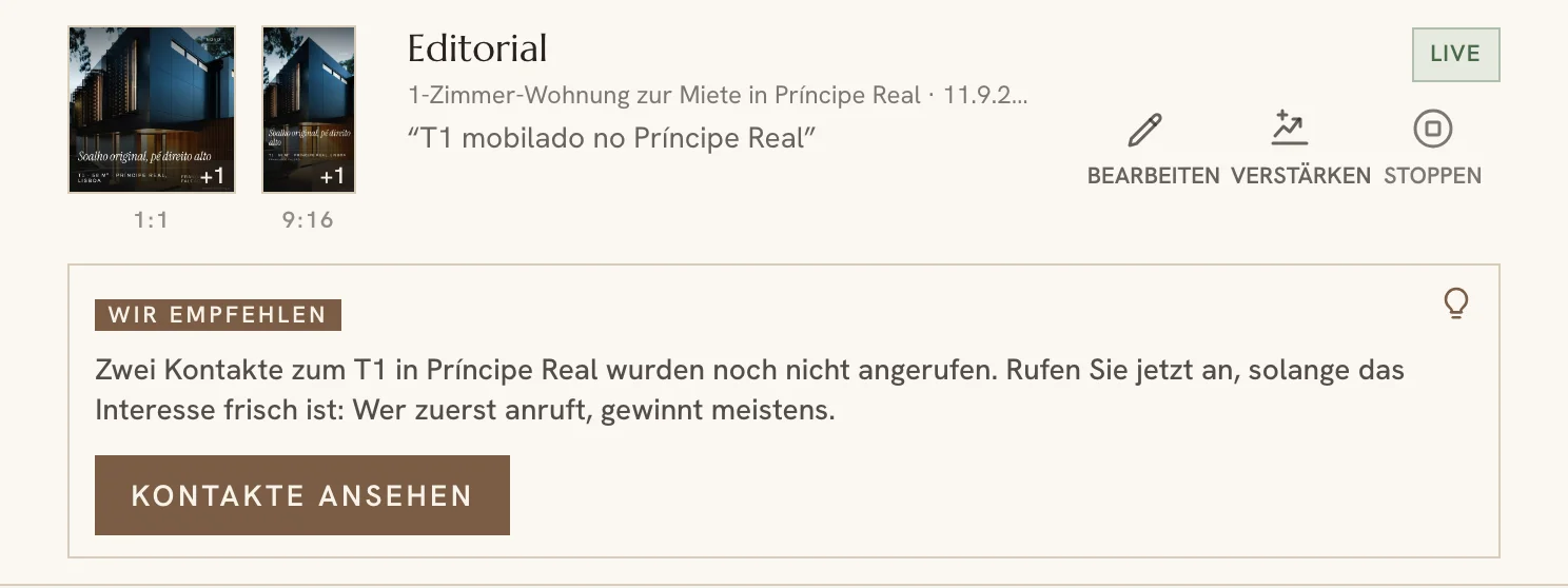 Vorschlag des Kampagnen-Assistenten unter einer Kampagne im Dashboard
