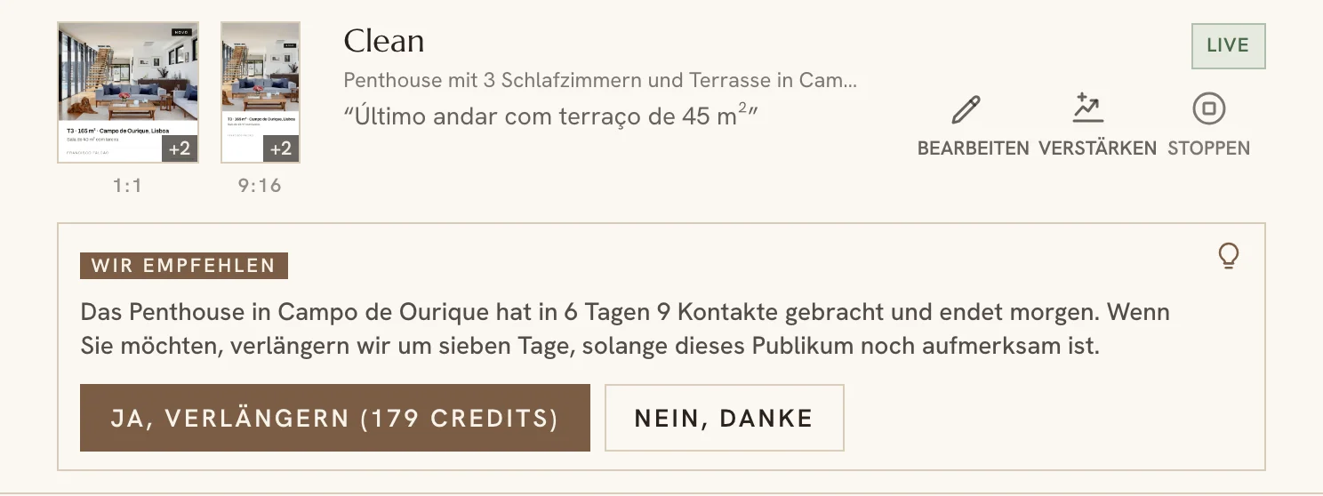 Vorschlag des Kampagnen-Assistenten unter einer Kampagne im Dashboard