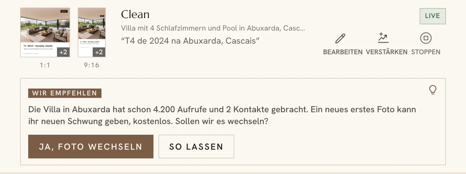Vorschlag des Kampagnen-Assistenten unter einer Kampagne im Dashboard
