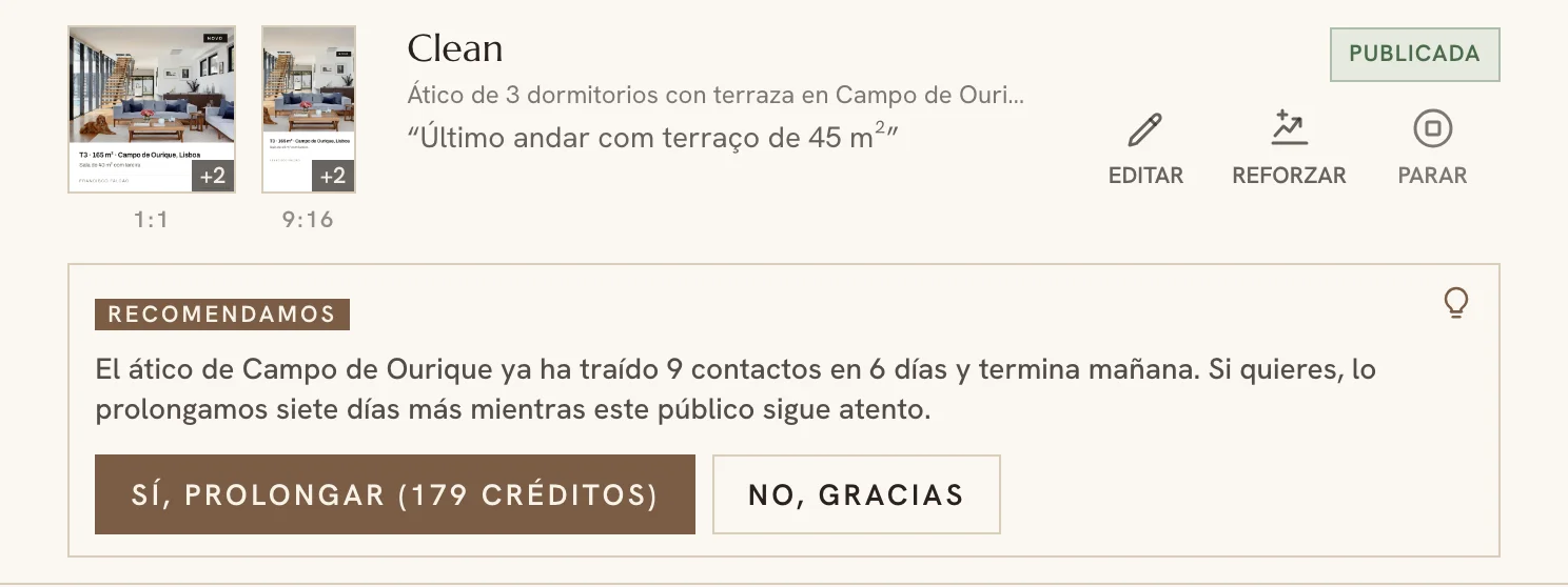 Sugerencia del asistente de campañas debajo de una campaña en el panel
