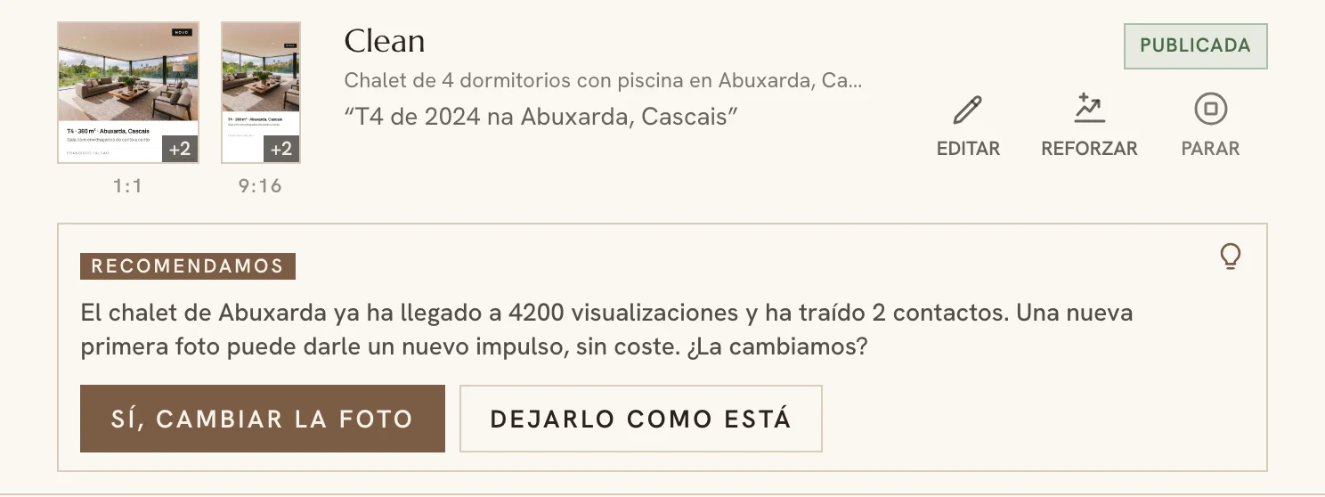 Sugerencia del asistente de campañas debajo de una campaña en el panel