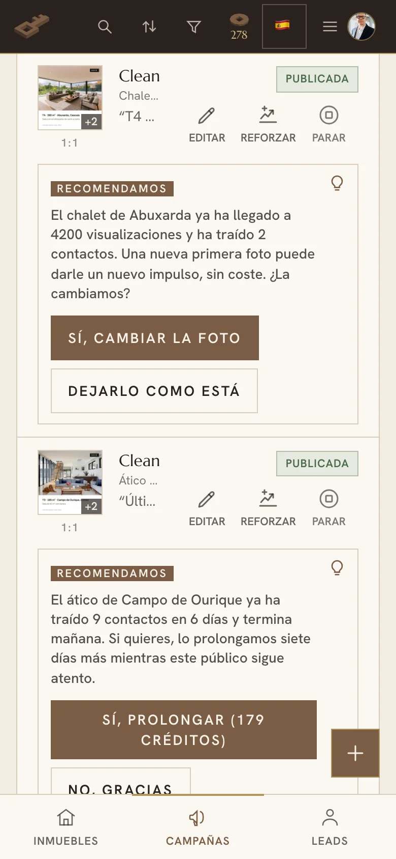 Sugerencia del asistente de campañas en la aplicación