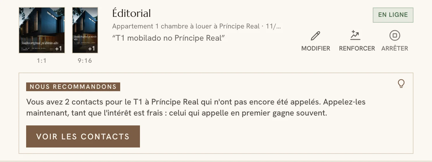 Suggestion de l'assistant de campagne sous une campagne dans le tableau de bord