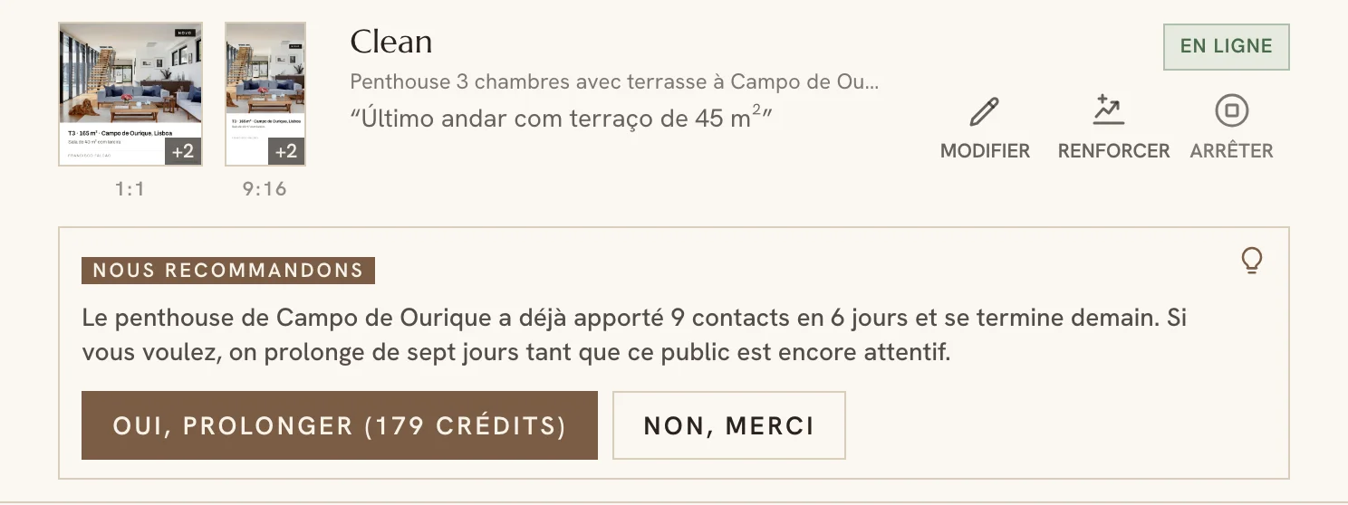 Suggestion de l'assistant de campagne sous une campagne dans le tableau de bord