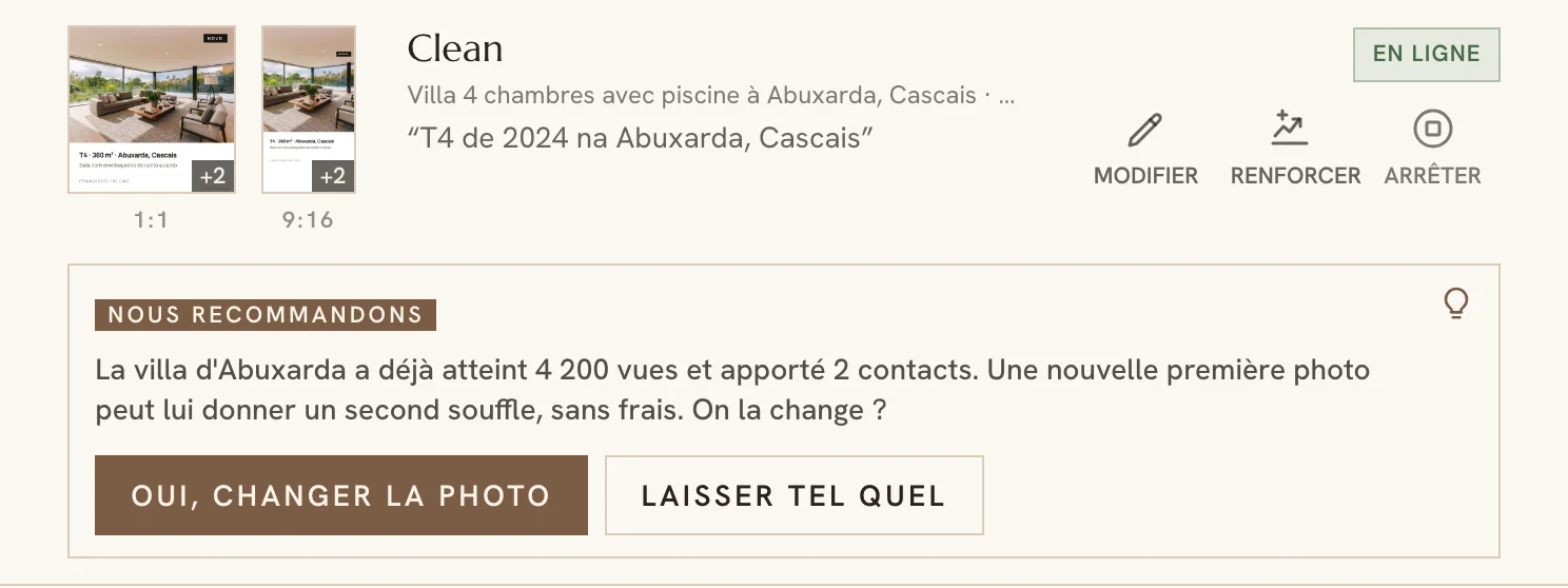 Suggestion de l'assistant de campagne sous une campagne dans le tableau de bord